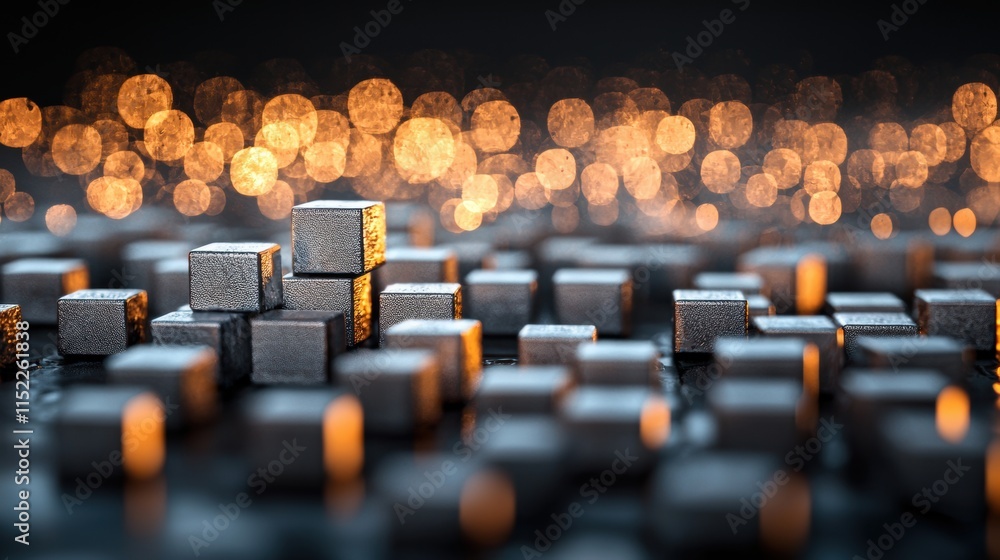 Obraz premium Metallic cubes with textured surfaces arranged on a reflective surface,