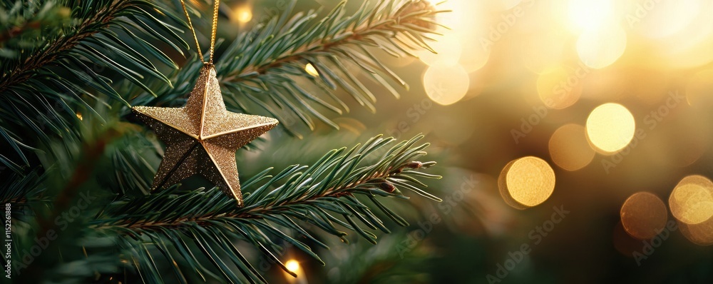 Golden star ornament hanging on a pine tree branch with blurred warm bokeh lights in the background. Golden star ornament hanging on a pine tree branch with blurred warm bokeh lights in the background.