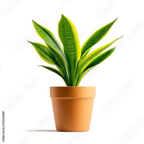 Green plant with vibrant leaves in a terracotta pot, white isolated background.