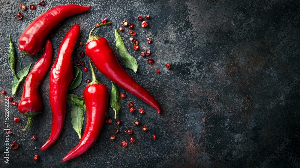 Red chili peppers arranged on a dark textured background Red chili peppers arranged on a dark textured background