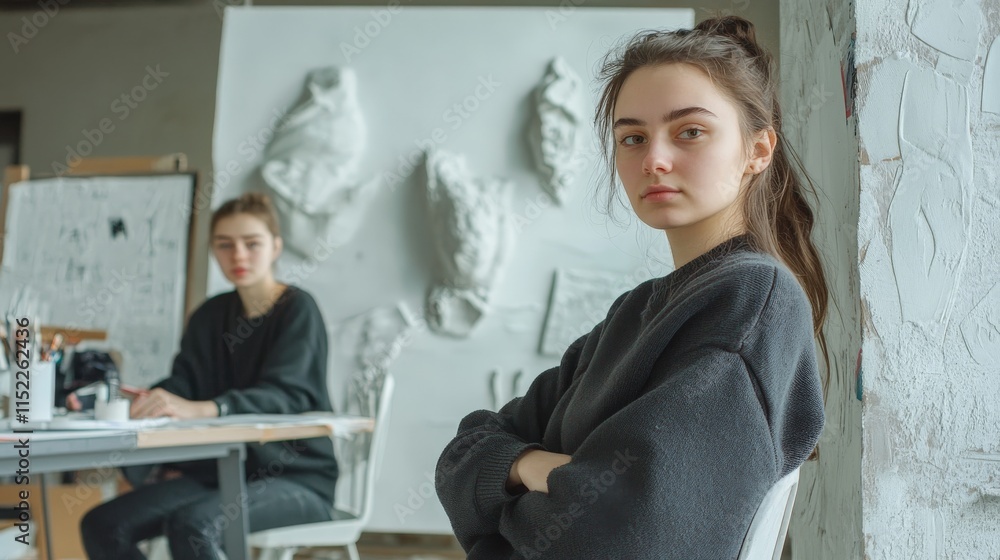 Naklejka premium Caucasian young females in art studio with sculptures and drawings.