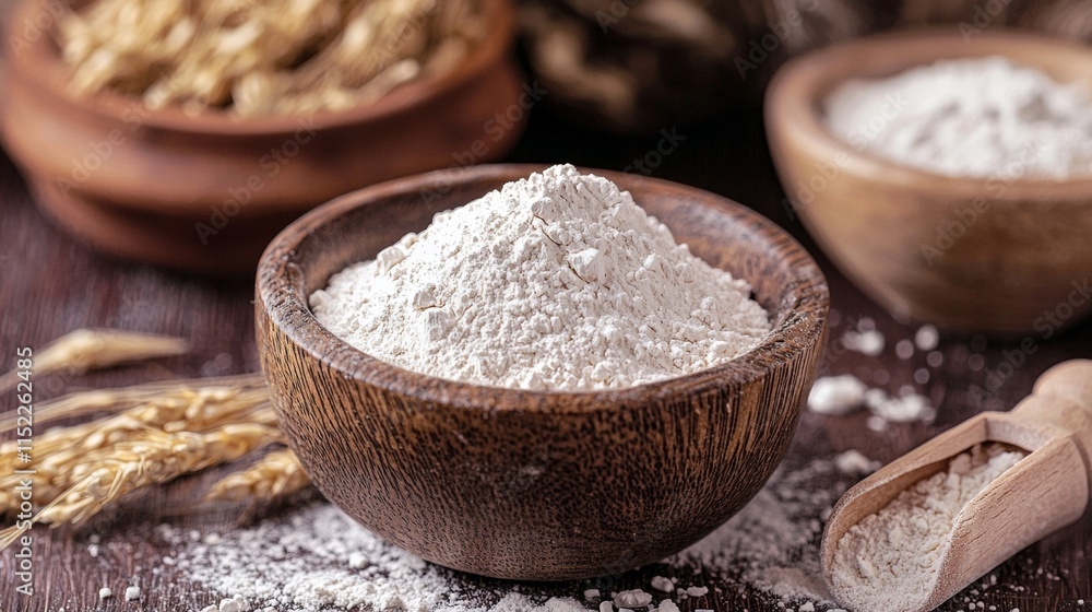 Rustic baking ingredients in wooden bowls on a dark surface Rustic baking ingredients in wooden bowls on a dark surface