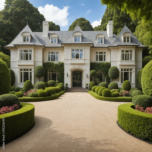 A classic colonial-style mansion with a symmetrical facade, prominent gables, and formal landscaping with rounded hedges and a circular driveway.
 photo