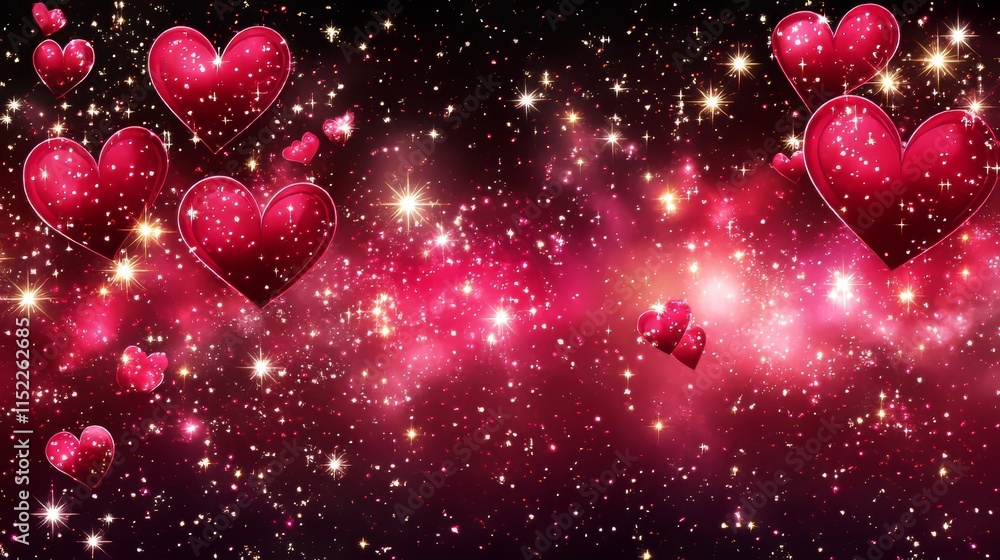 Romantic Crimson Nebula With Glowing Hearts, Stars And Sparkles Valentines Day Backdrop Design Romantic Crimson Nebula With Glowing Hearts, Stars And Sparkles Valentines Day Backdrop Design