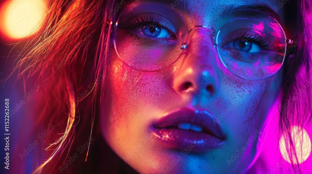 Stylish portrait of a woman with neon pink and blue lighting Stylish portrait of a woman with neon pink and blue lighting
