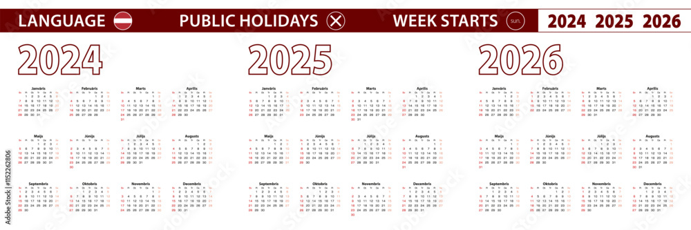 2024, 2025, 2026 year vector calendar in Latvian language, week starts on Sunday. 2024, 2025, 2026 year vector calendar in Latvian language, week starts on Sunday.