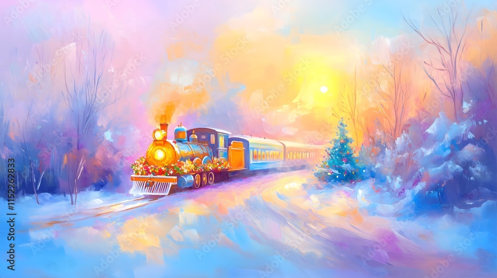 Obraz premium Festive Holiday Train in a Snowy Wonderland, winter background, Winter wallpaper