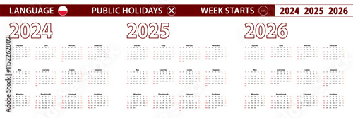 2024, 2025, 2026 year vector calendar in Polish language, week starts on Sunday.