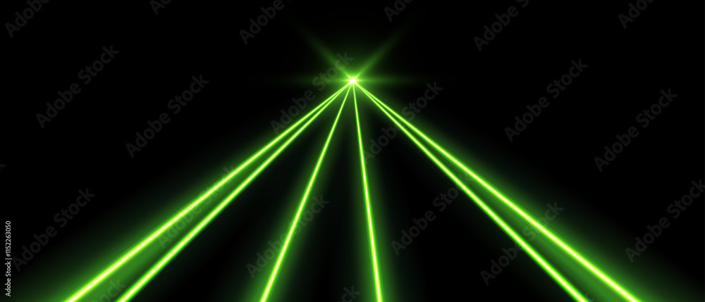 Green laser beams, concert or nightclub spotlights light effect. Lasers in motion, abstract perspective background. Vector illustration.