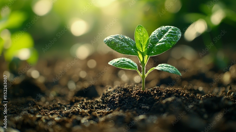 Small green sprout emerging from soil in natural sunlight Small green sprout emerging from soil in natural sunlight