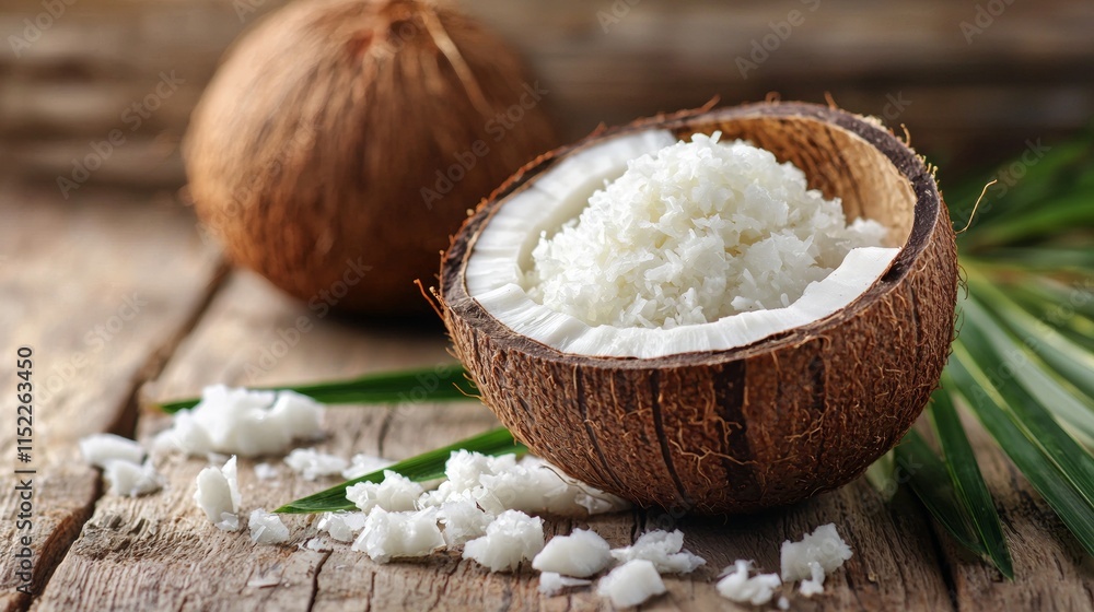 Coconut rice displayed with a rustic coconut shell on a wooden surface Coconut rice displayed with a rustic coconut shell on a wooden surface