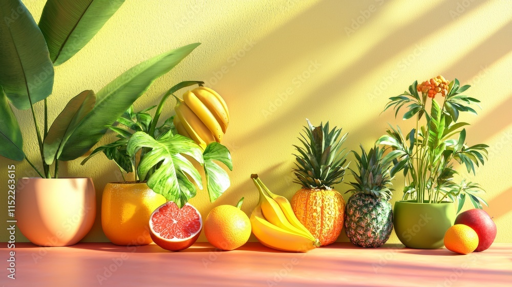 A vibrant arrangement of fresh tropical fruits in sunlight A vibrant arrangement of fresh tropical fruits in sunlight