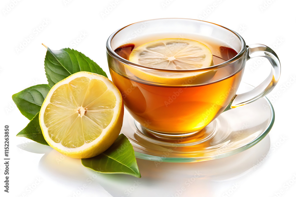 cup of tea with lemon and leaves isolated on white background cup of tea with lemon and leaves isolated on white background