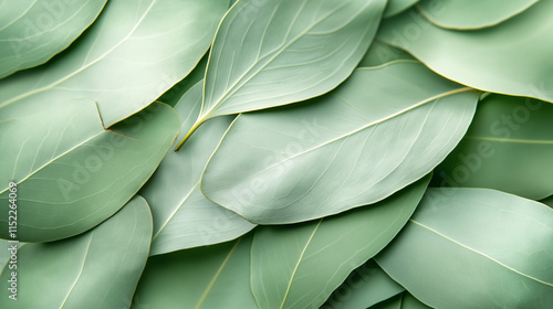 Smooth eucalyptus leaves close up, soft green tones with silvery highlights, minimalistic natural elegance, calming background photo