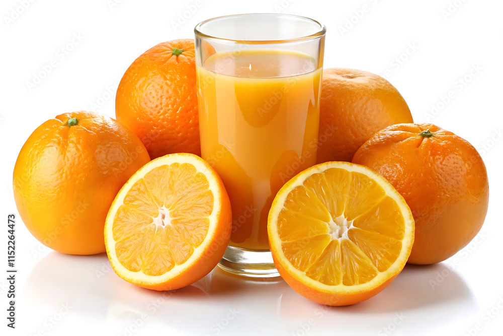 glass of orange juice and oranges white background glass of orange juice and oranges white background