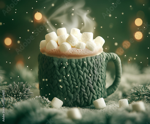 A steaming mug of hot chocolate with marshmallows, holiday theme, knitted pattern, cozy vibes photo