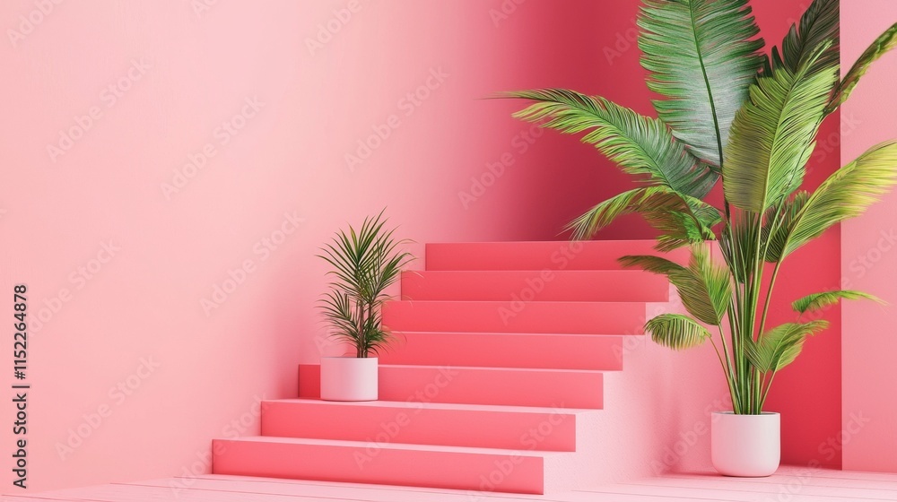 Modern pink staircase with potted plants Modern pink staircase with potted plants