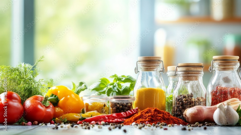 Fresh Ingredients and Spices in Vibrant Kitchen Setting Fresh Ingredients and Spices in Vibrant Kitchen Setting
