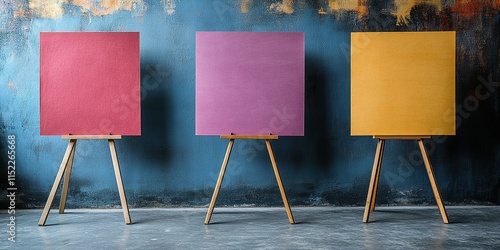 Three blank canvases on easels in a vibrant art studio waiting for creative inspiration