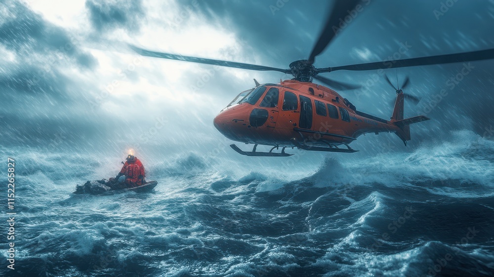 Fototapeta premium Rescue helicopter rescues a shipwrecked man in a stormy sea, ai generative