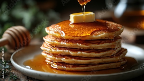 Wallpaper Mural Stack of fluffy golden pancakes on a white plate, topped with melting butter and drizzled with honey from a wooden dipper, surrounded by rustic decor and soft natural accents. Torontodigital.ca