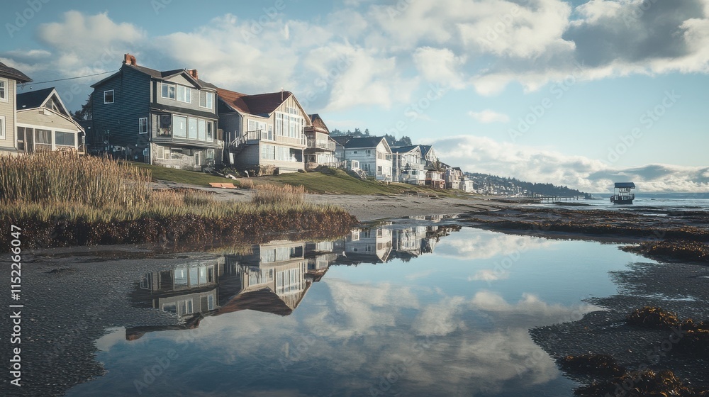 A view of waterfront homes and a tide pool in Des Moines, Washington. A view of waterfront homes and a tide pool in Des Moines, Washington.