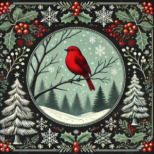 A winter scene with a red bird perched on a bare tree branch