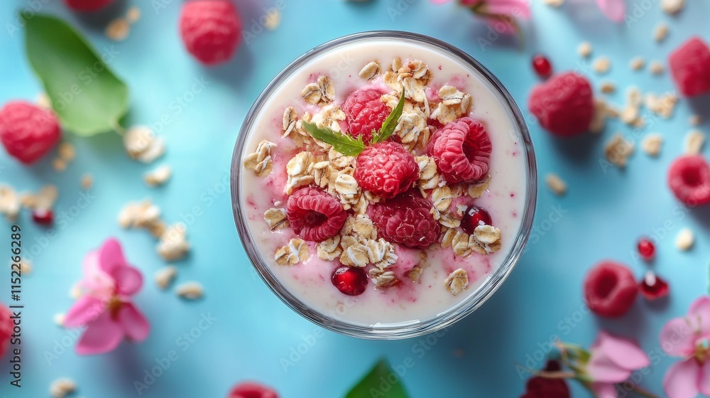 Naklejka premium Healthy bowl of yogurt with fresh raspberries and granola