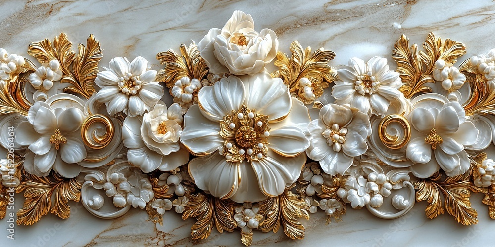 Decorative floral art and craftsmanship featuring pearls and gold accents, set against a marble background Decorative floral art and craftsmanship featuring pearls and gold accents, set against a marble background