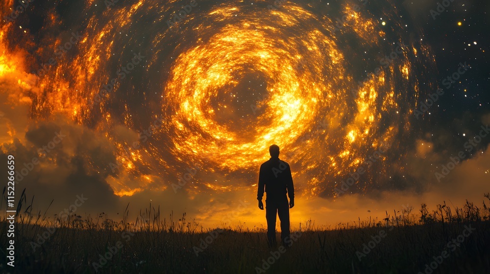 Fototapeta premium A silhouetted figure gazes at a swirling cosmic vortex, evoking awe and wonder.