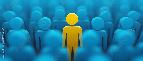 The picture shows a person dressed in yellow, among the blue general public. The personnel department is responsible for recruiting staff.