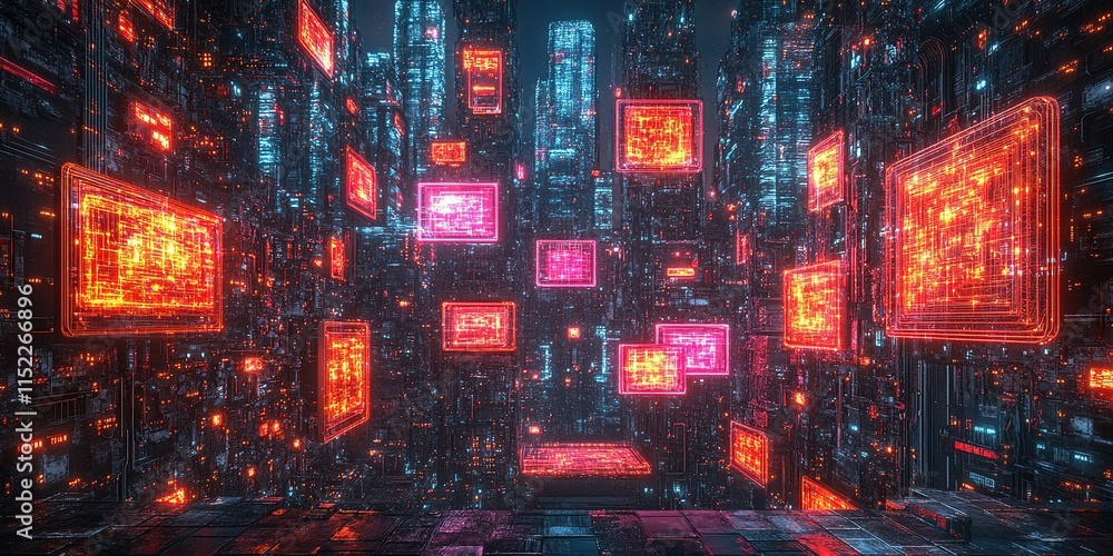 Fototapeta premium Futuristic digital cityscape with vibrant holograms illuminating a night scene