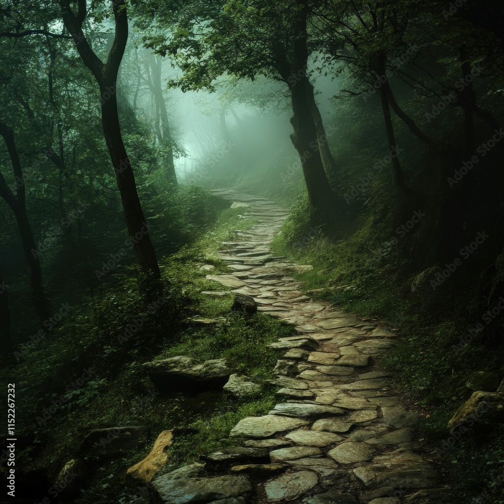 Obraz premium a stone path winds through a foggy forest