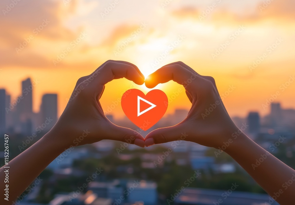 Close-up of hands forming a heart shape with a YouTube video player icon in the center, against a blurred cityscape at sunset. The play button is visible in the top right corner of the frame. - Close-up of hands forming a heart shape with a YouTube video player icon in the center, against a blurred cityscape at sunset. The play button is visible in the top right corner of the frame. -