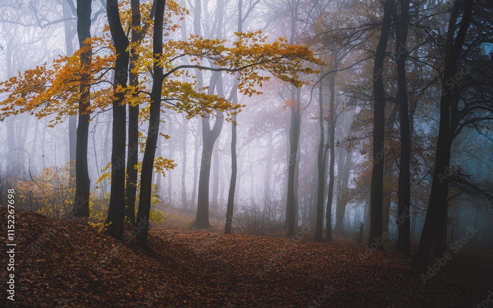 Obraz premium Misty autumn forest path with yellow leaves.