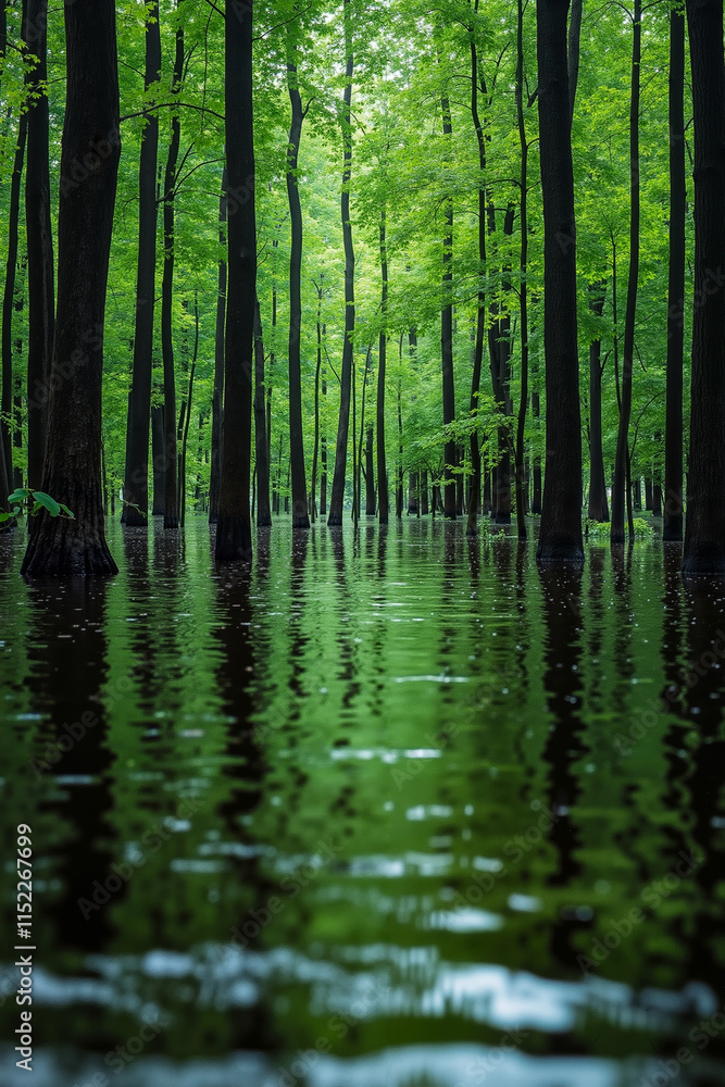 A forest filled with lots of trees next to a body of water A forest filled with lots of trees next to a body of water