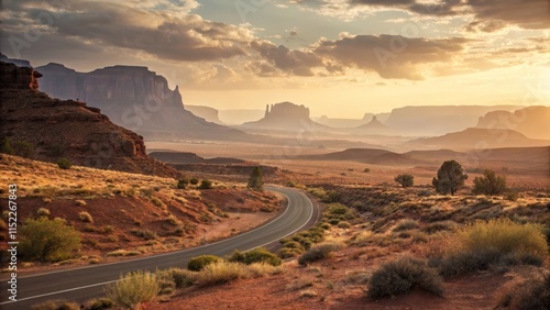 Desert Highway Sunset Vista - Scenic desert road winding through dramatic mesas at sunset.  Freedom, adventure, journey, exploration, solitude.
