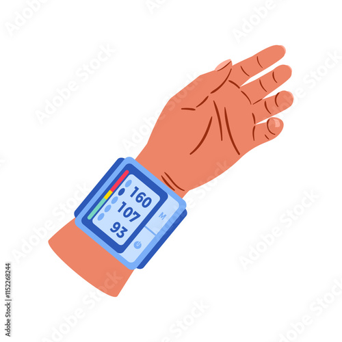 Wrist blood pressure monitor. Sphygmomanometer, a device for measuring bp, checking heart rhythm. Systolic and diastolic. Medical equipment. Improving quality of life. Hypertension