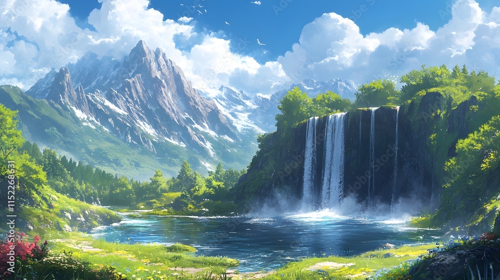 Fototapeta premium Breathtaking landscape featuring a waterfall and mountains under a blue sky.