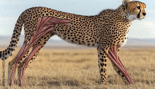 High-quality image of a cheetahas leg anatomy, focusing on tendons and muscle fibers in an open savannah,