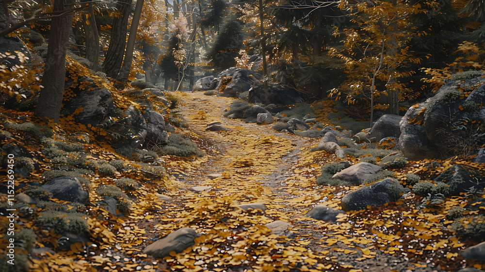 A winding trail through a forest carpeted with golden autumn leaves A winding trail through a forest carpeted with golden autumn leaves