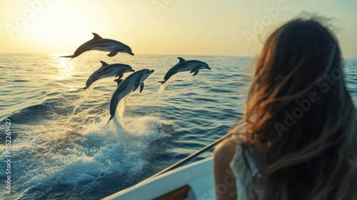 Chinese woman enjoys dolphin spectacle while cruising on a yacht at sunset