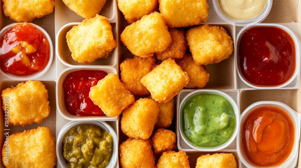 Nuggets and Dipping Sauces on White Background Nuggets and Dipping Sauces on White Background