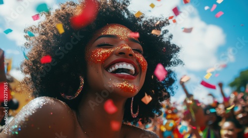 Joyful afro brazilian woman celebrating carnaval in vibrant street filled with confetti and laughter
