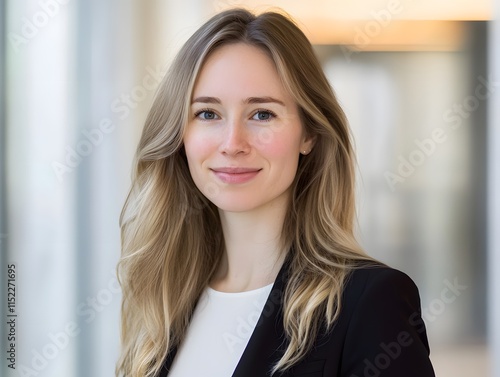 Confident woman in professional attire smiling.