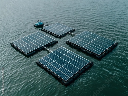 Floating solar panels on a tranquil water surface. photo