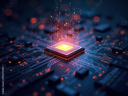 Circuit board with glowing microprocessor surrounded by data streams at night