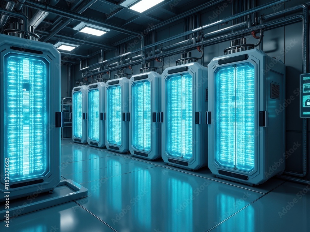Futuristic laboratory with high-tech cryogenic pods illuminating a dimly lit facility during a research experiment Futuristic laboratory with high-tech cryogenic pods illuminating a dimly lit facility during a research experiment