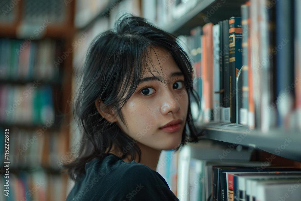 Generative AI Portrait of a Smiling Student in a Library Generative AI Portrait of a Smiling Student in a Library
