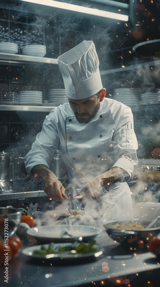 Focused chef intensely cooking in a busy restaurant kitchen, surrounded by steam and culinary tools. Focused chef intensely cooking in a busy restaurant kitchen, surrounded by steam and culinary tools.